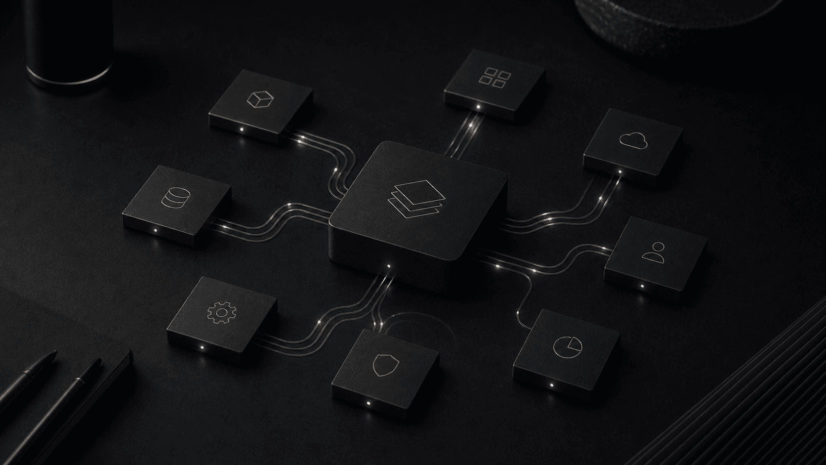 Monochrome editorial illustration for the bespoke software development process from discovery to release