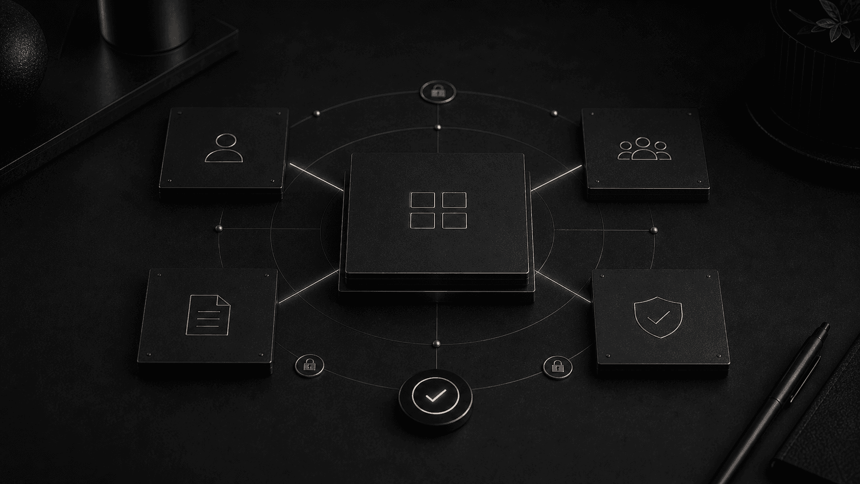 Monochrome editorial illustration for client portal software: when to buy a platform and when to build