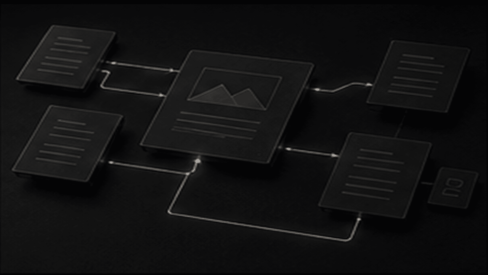 Monochrome editorial illustration for seo-friendly website content structure: pages, topics and internal links