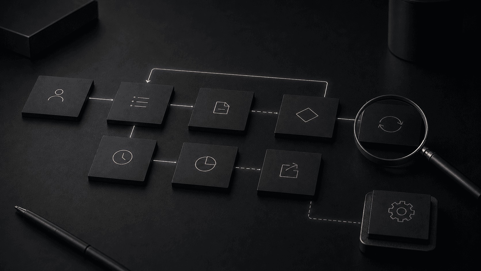 Monochrome editorial illustration for business process automation examples for service businesses