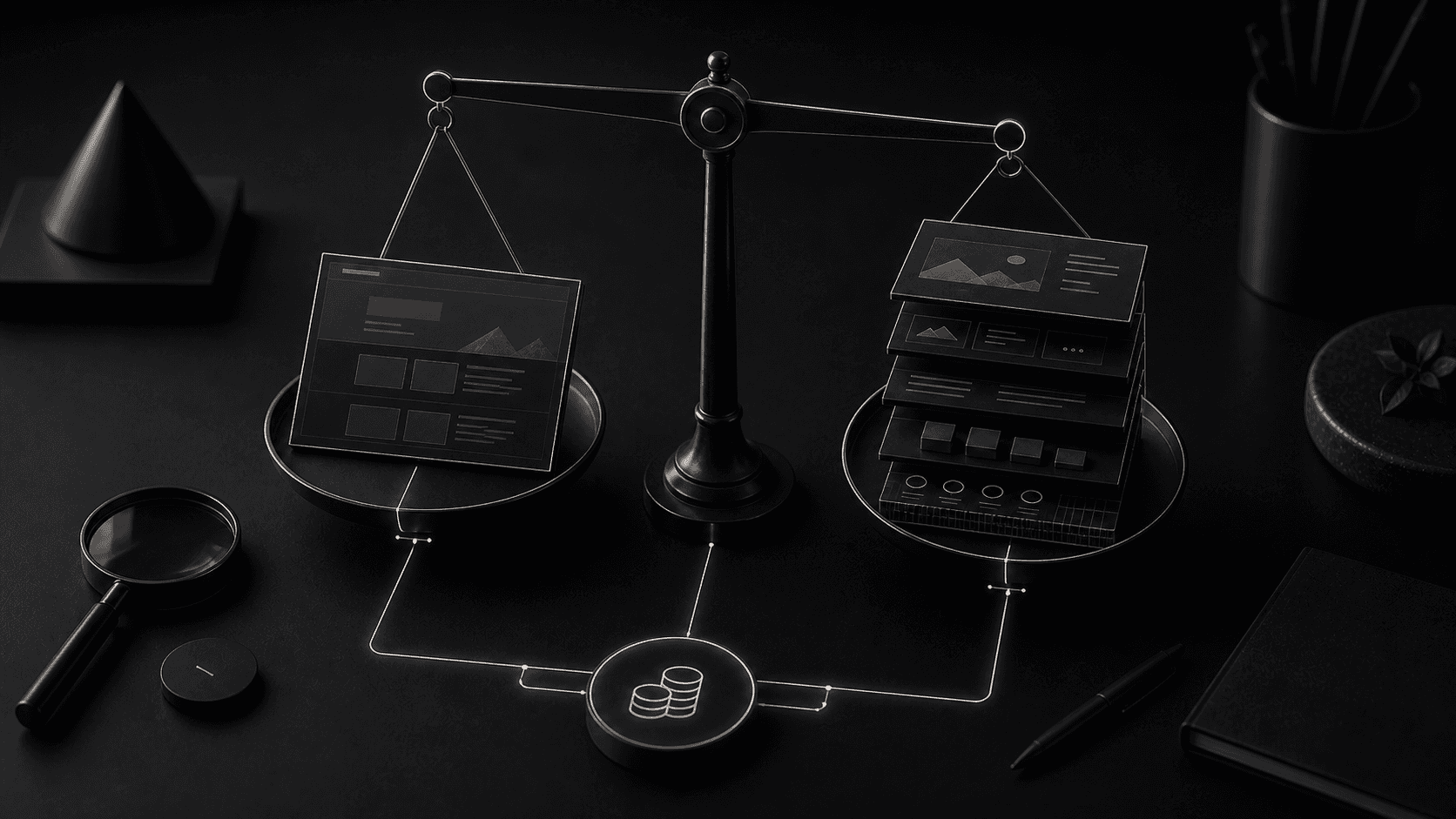 Monochrome editorial illustration for what drives website design cost in the uk