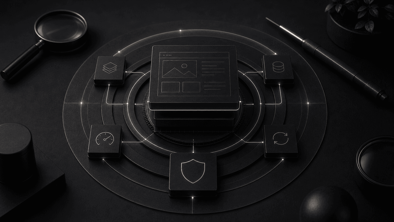 Monochrome editorial illustration for website maintenance services: what ongoing support should include