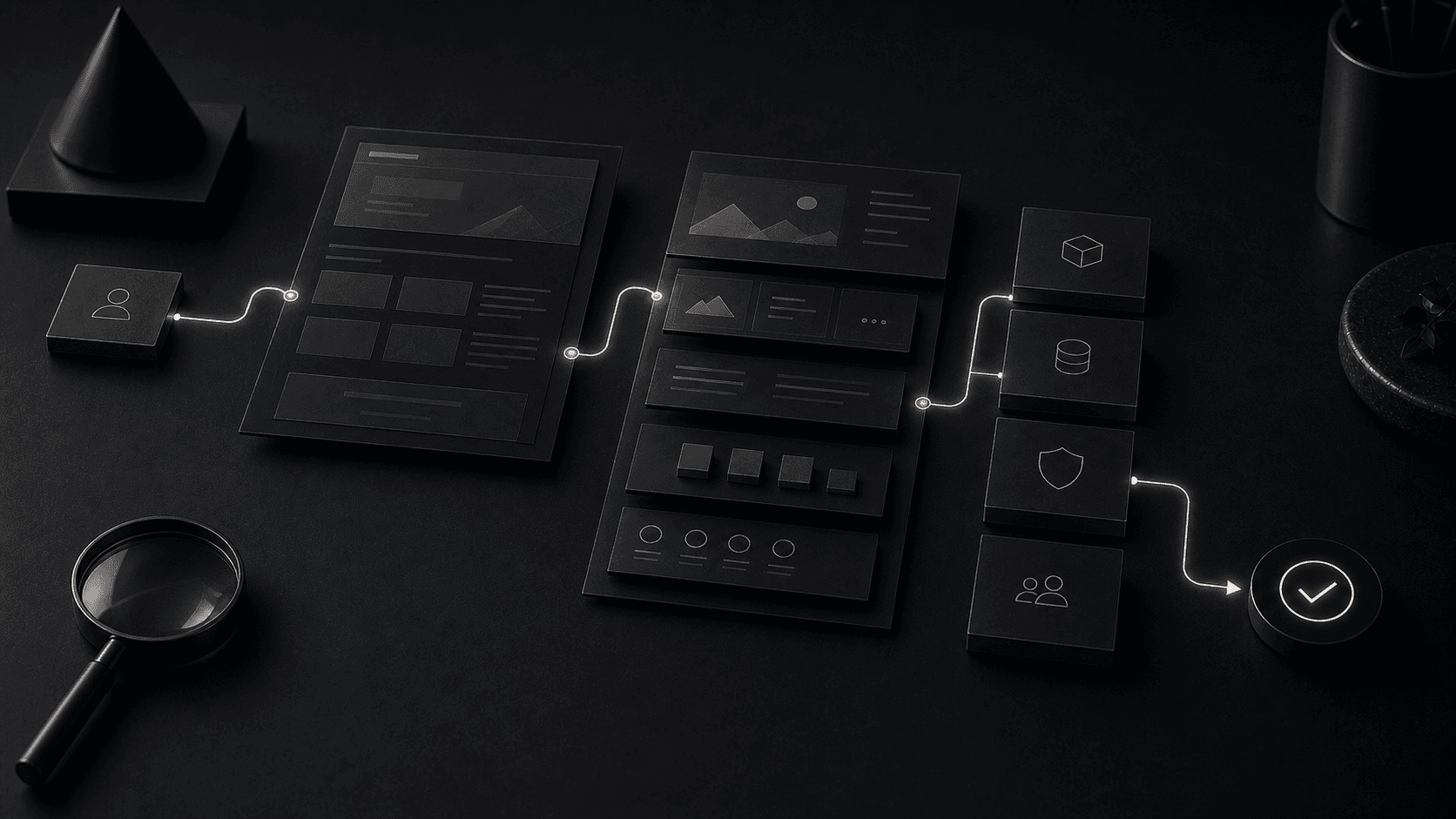 Monochrome editorial illustration for seo-friendly service page design that keeps readers moving