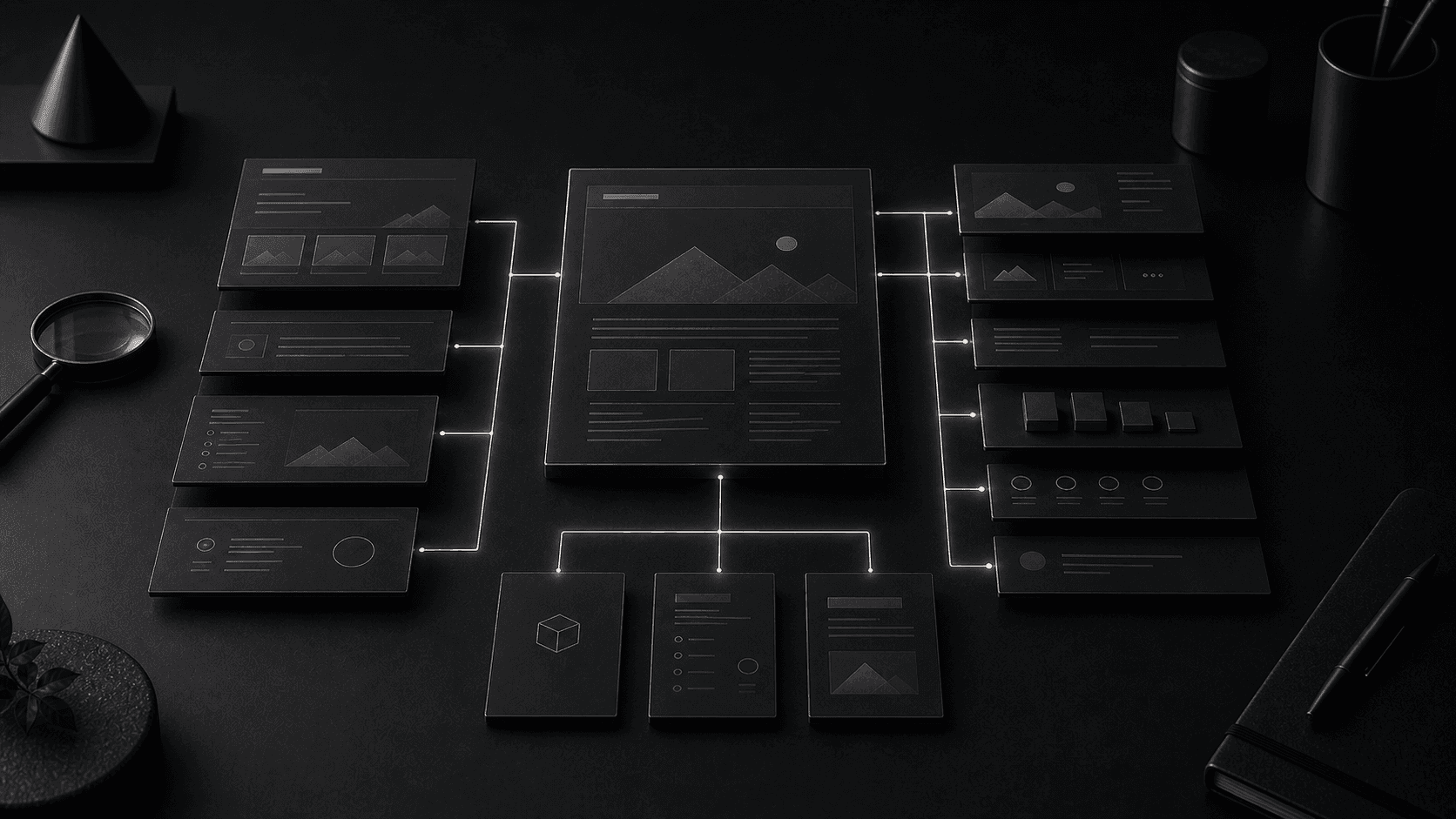 Monochrome editorial illustration for seo-friendly website content structure: pages, topics and internal links