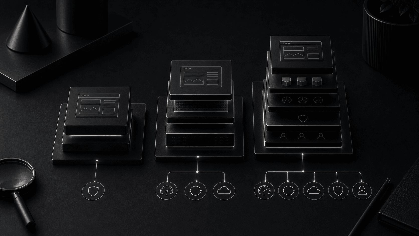 Monochrome editorial illustration for website maintenance plans compared: how to choose useful support