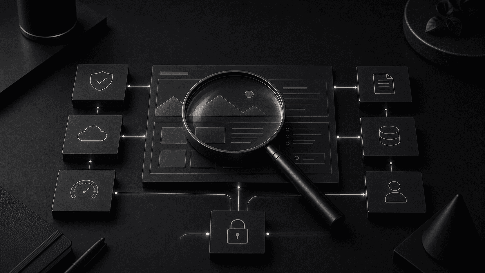 Monochrome editorial illustration for website maintenance checklist for performance, security and content
