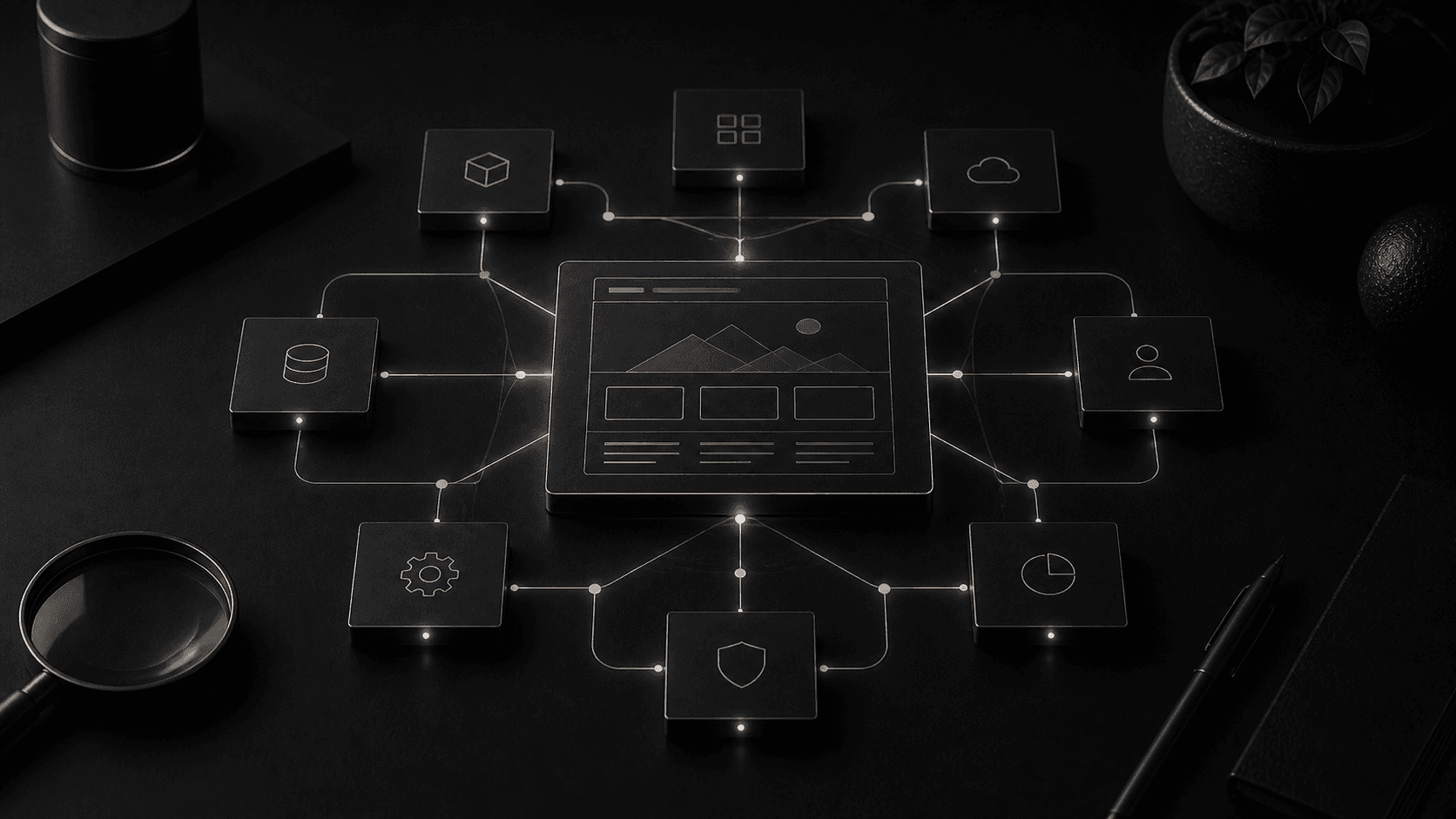 Monochrome editorial illustration for structured data for business websites: what to add and why