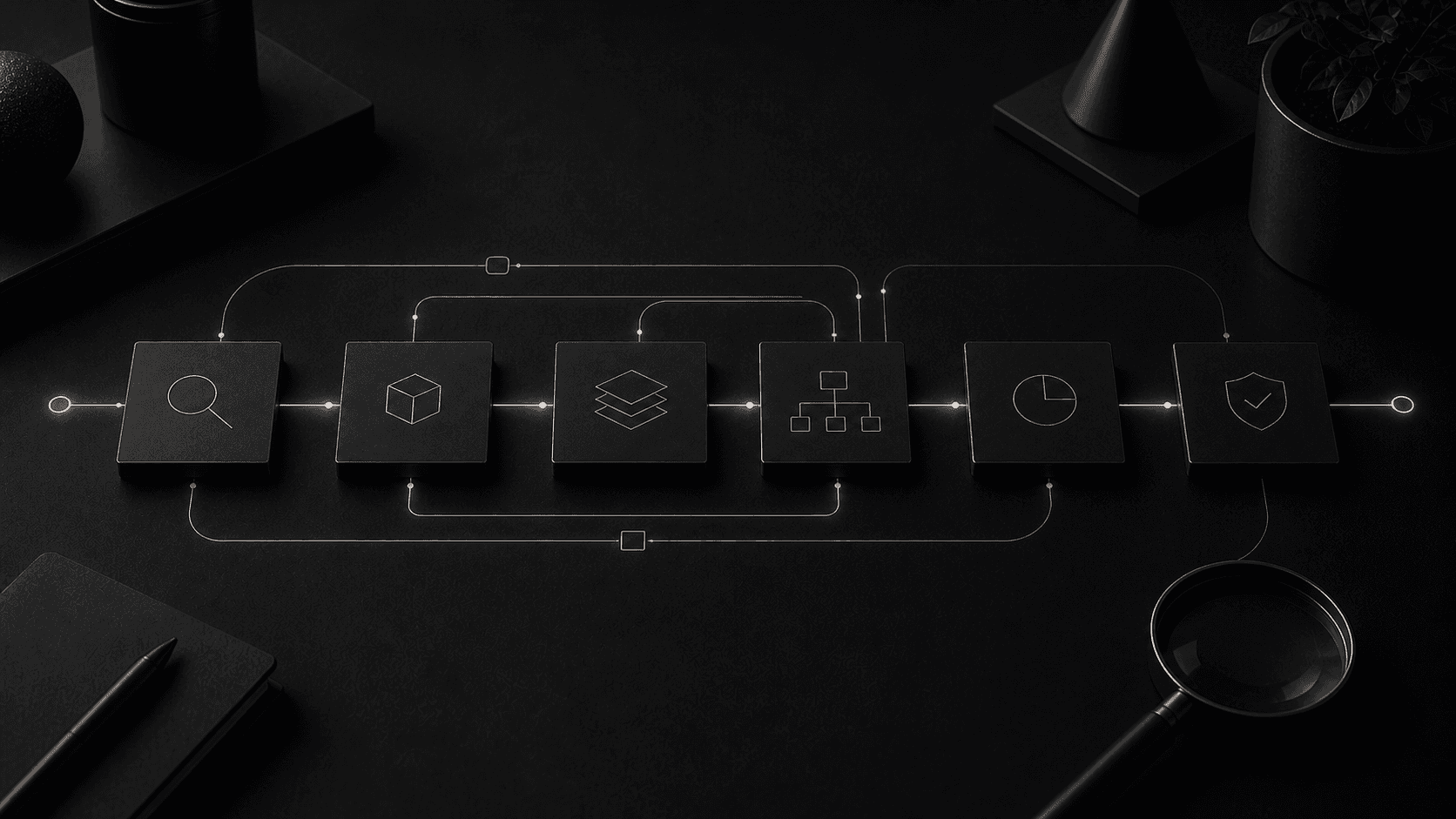 Monochrome editorial illustration for the bespoke software development process from discovery to release