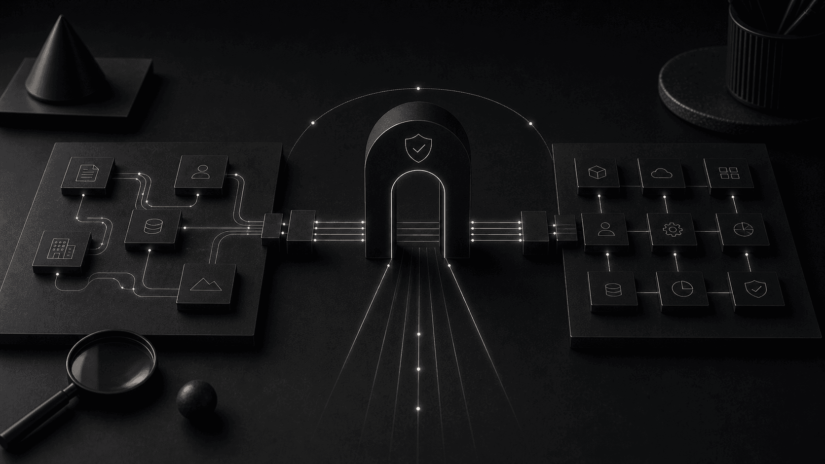 Monochrome editorial illustration for client portal software: when to buy a platform and when to build