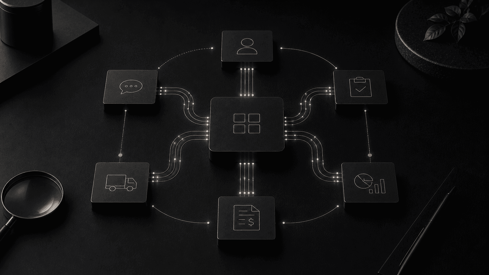 Monochrome editorial illustration for business process automation examples for service businesses