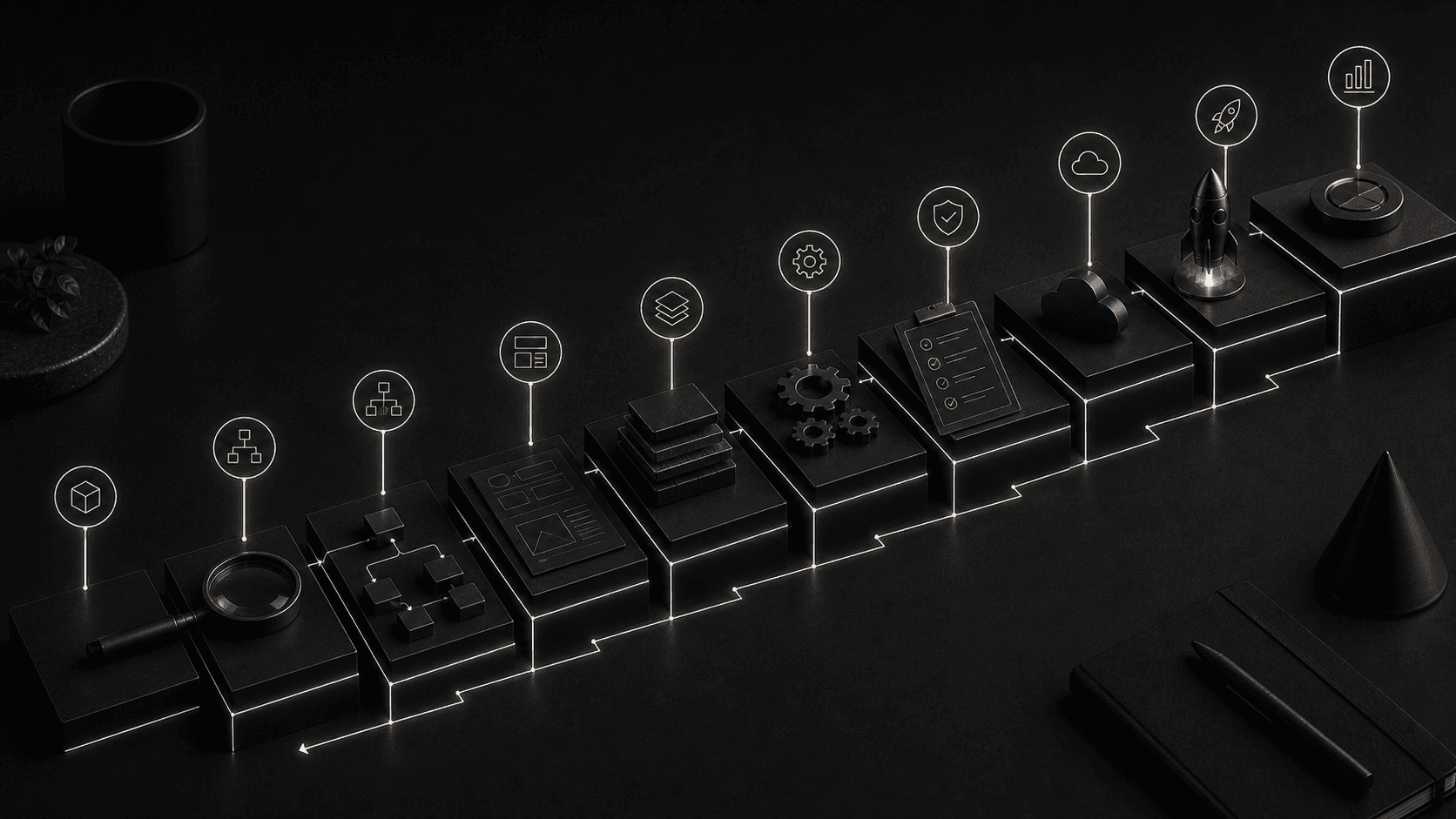 Monochrome editorial illustration of connected stages in a website development process